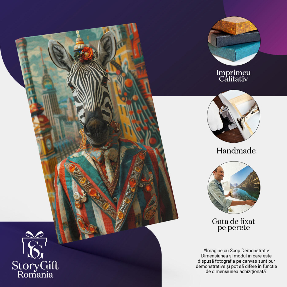 Tablou Canvas Portret de Zebră la costum elegant - Fundal cu clădiri colorate desenate pe un perete , Pictura Digitala 40x25CM [3]