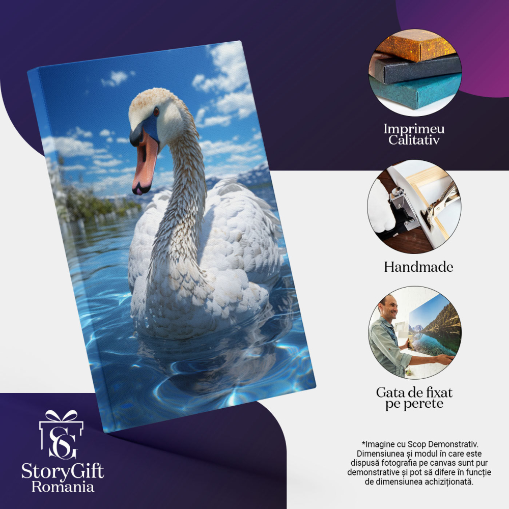 Tablou Canvas: Portret de Zi Lebăda pe Apă Albastră cu Pomi și Munți în Fundal Pictura Digitala 40x25CM [3]