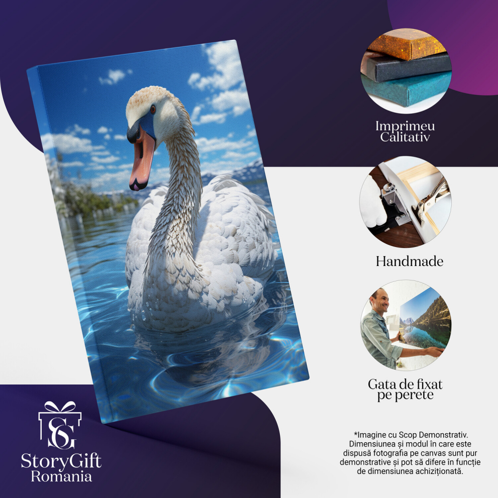 Tablou Canvas cu Portretul unei Lebede pe Apa Albastră, cu Pomi și Munți în Fundal, Marime 40x25CM [2]