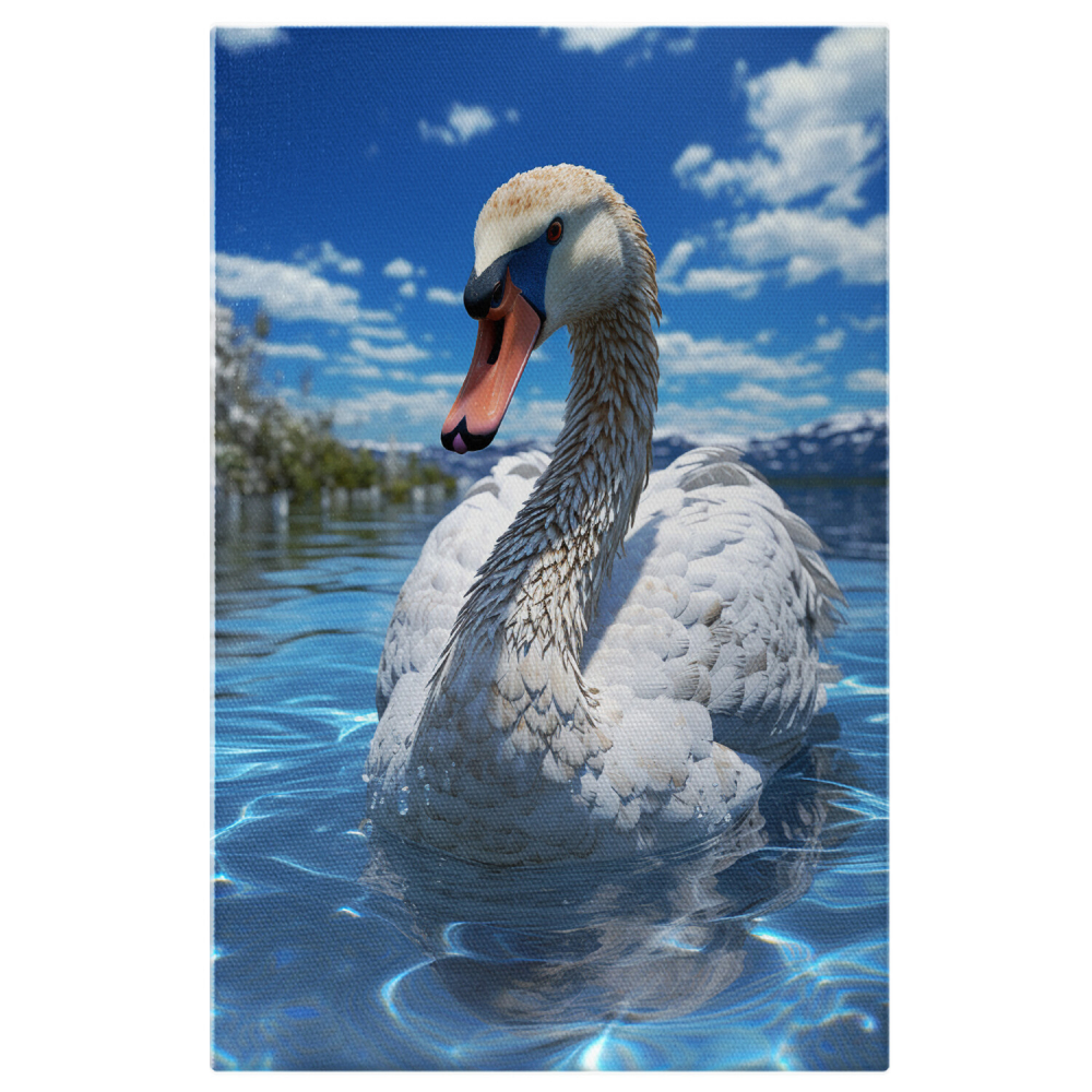 Tablou Canvas cu Portretul unei Lebede pe Apa Albastră, cu Pomi și Munți în Fundal, Marime 40x25CM [1]