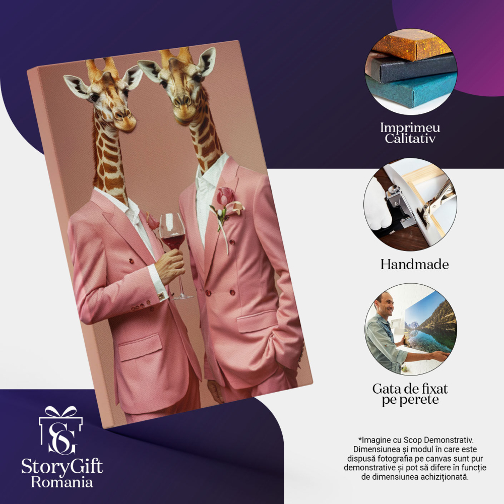 Tablou Canvas Portret Dual Al Girafelor în Costume Roz cu Flori în Buzunarul de la Piept , Pictura Digitala 40x25CM [3]