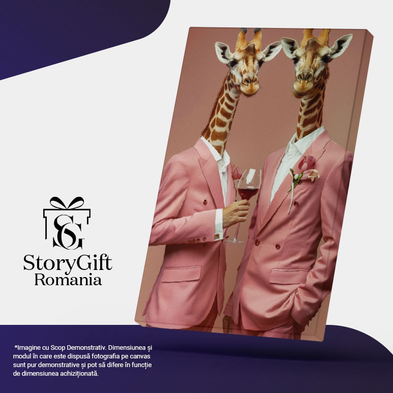 Tablou Canvas Portret Dual Al Girafelor în Costume Roz cu Flori în Buzunarul de la Piept , Pictura Digitala 40x25CM [5]