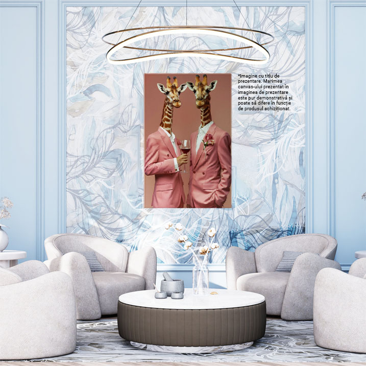 Tablou Canvas Portret Dual Al Girafelor în Costume Roz cu Flori în Buzunarul de la Piept , Pictura Digitala 40x25CM [2]