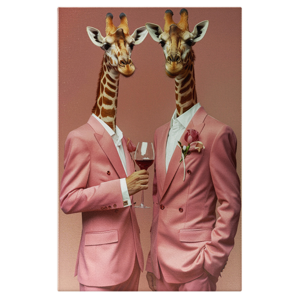 Tablou Canvas Portret Dual al Girafelor în Costume Roz cu Flori, Marime 40x25CM [1]