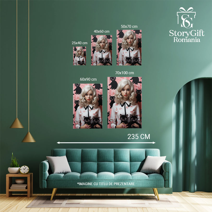 Tablou Canvas:  Portret feminin cu par blond si mari ochi albastri inconjurata de pisici negre si accente de culoare roz- contur estetic si feminin Pictura Digitala 40x25CM [4]