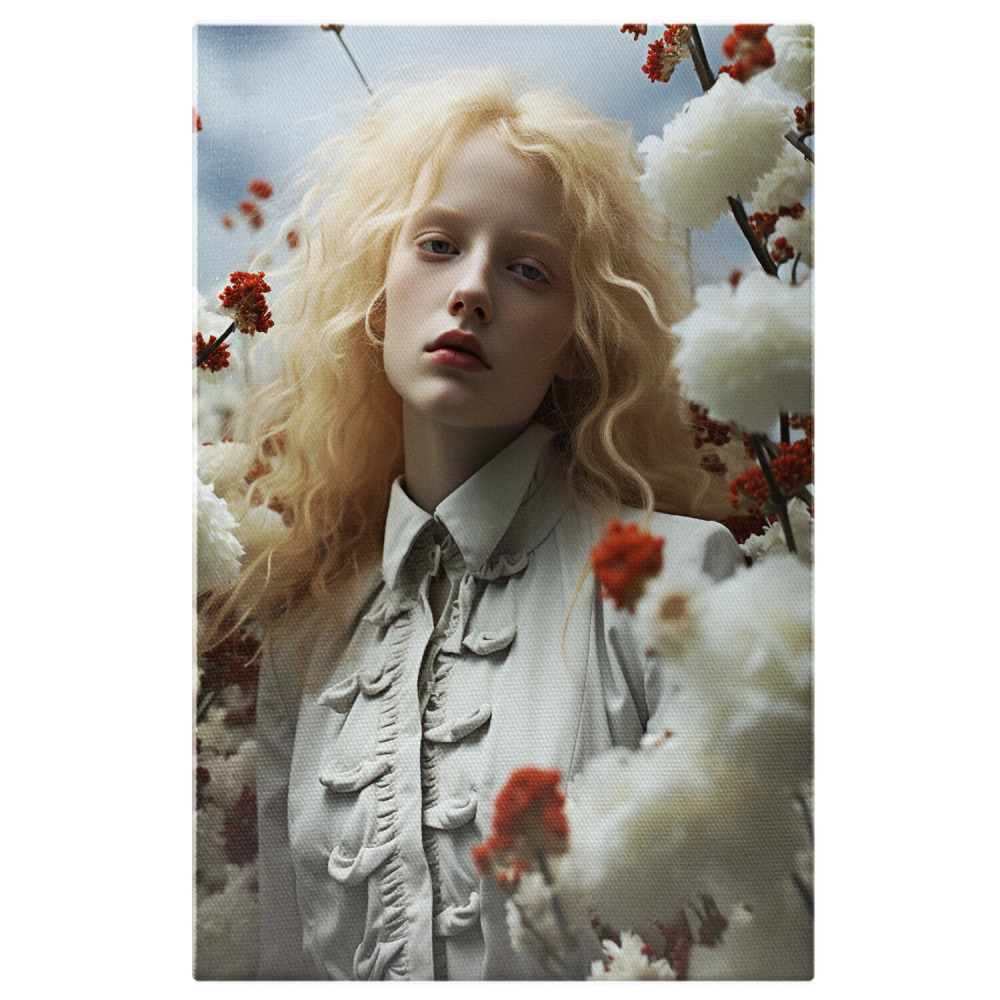 Tablou Canvas cu Portretul Feminin European cu Albinism între Flori Albe și Roșii, Marime 40x25CM [1]