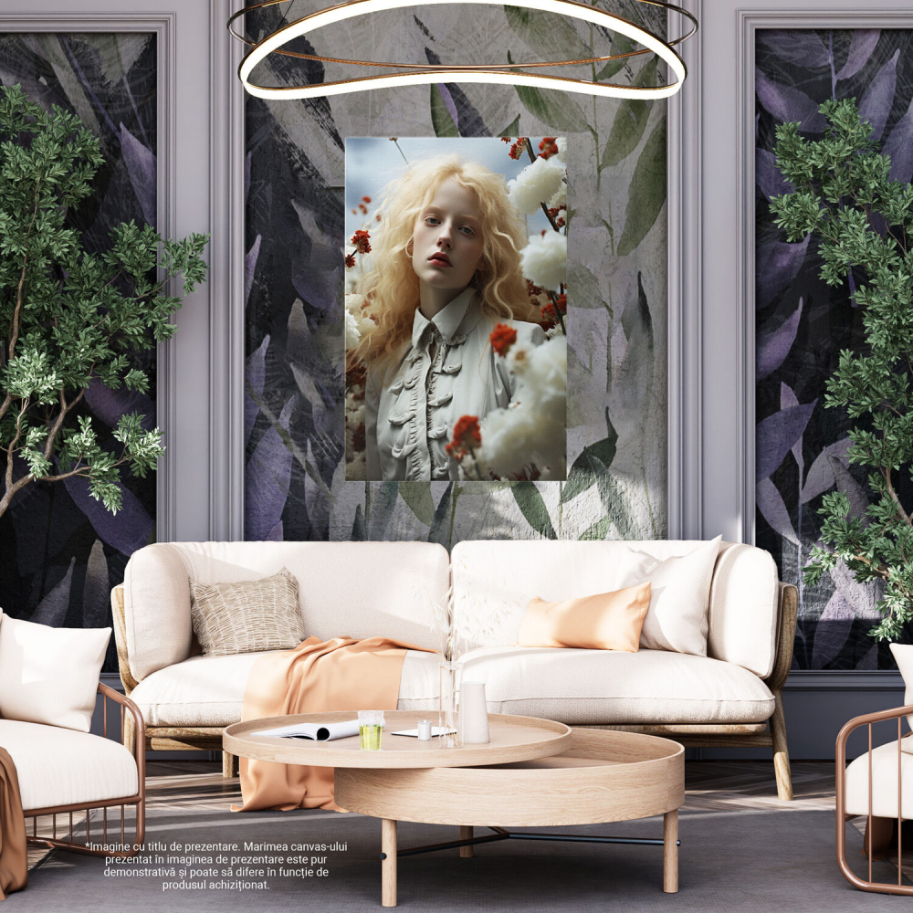 Tablou Canvas cu Portretul Feminin European cu Albinism între Flori Albe și Roșii, Marime 40x25CM [4]