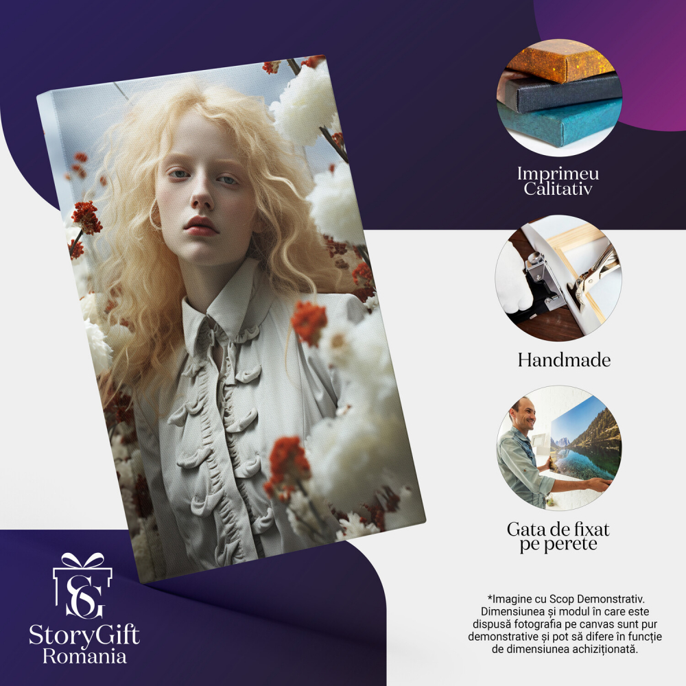 Tablou Canvas cu Portretul Feminin European cu Albinism între Flori Albe și Roșii, Marime 40x25CM [2]