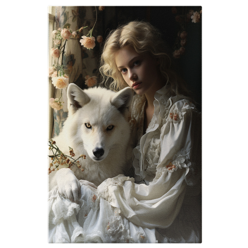 Tablou Canvas cu Portretul unei Femei Europene cu Păr Lung și Lup Alb, Marime 40x25CM [1]