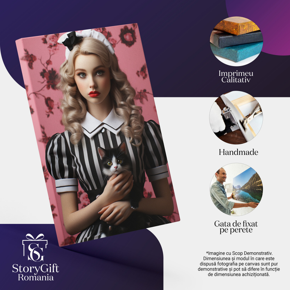 Portret feminin cu inspirație de menajeră, pisicuță în brațe, fundal roz și accente florale, Marime 40x25CM [2]