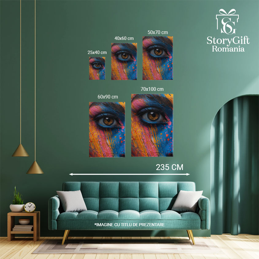 Tablou Canvas  Portret Feminin Ochi Caprui cu Genele Lungi si Spranceana, Chip Pictat in multe Culori , Pictura Digitala 40x25CM [4]