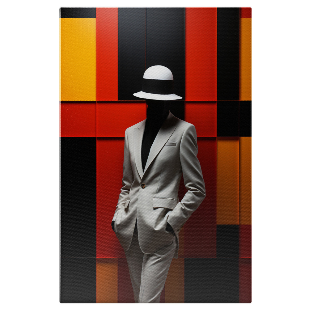 Tablou Canvas cu Portretul unui Manechin în Costum Crem și Pălărie pe Fundal Geometric, Marime 40x25CM [1]
