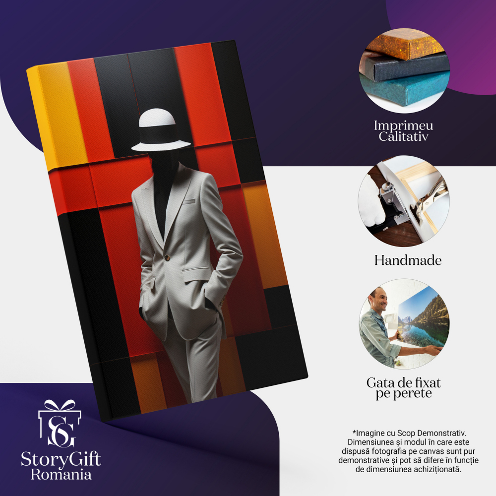 Tablou Canvas cu Portretul unui Manechin în Costum Crem și Pălărie pe Fundal Geometric, Marime 40x25CM [2]