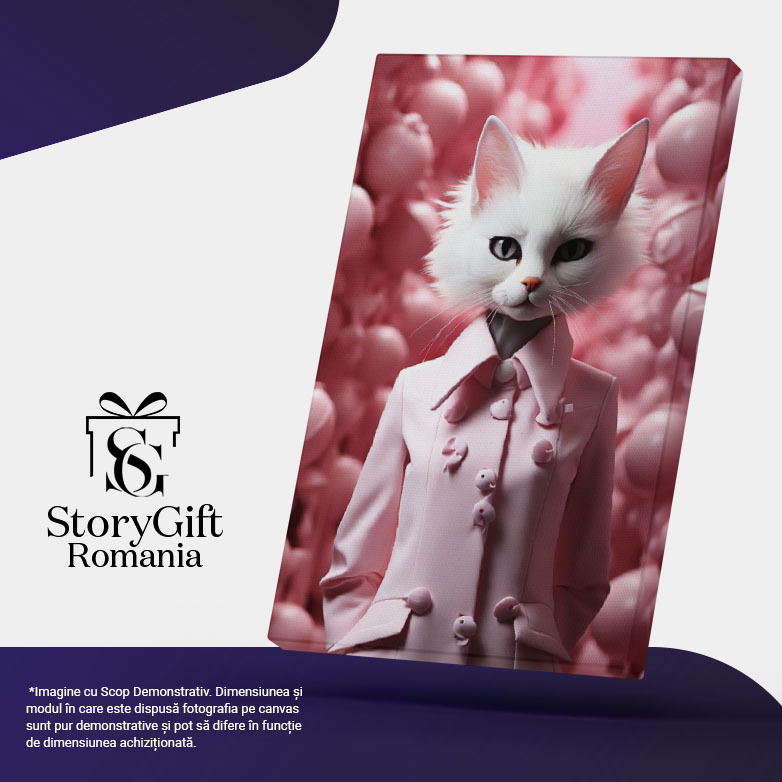 Tablou Canvas:  Portret pisica alba in costum business roz inconjurata de clopotei roz-  fotografie artistica Pictura Digitala 40x25CM [5]