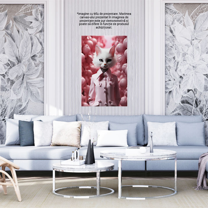 Tablou Canvas:  Portret pisica alba in costum business roz inconjurata de clopotei roz-  fotografie artistica Pictura Digitala 40x25CM [2]
