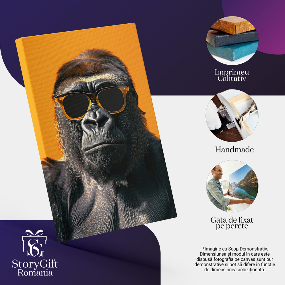 Tablou Canvas Portret Gorilă cu Ochelari de Soare Galbeni - Pictură Digitală Close-Up, Marime 40x25CM [2]