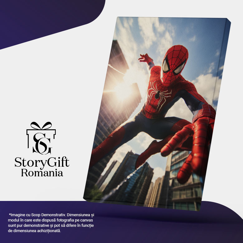 Tablou Canvas: Portret Spiderman în Săritură cu plase între Zgârie Nori Pictura Digitala 40x25CM [5]