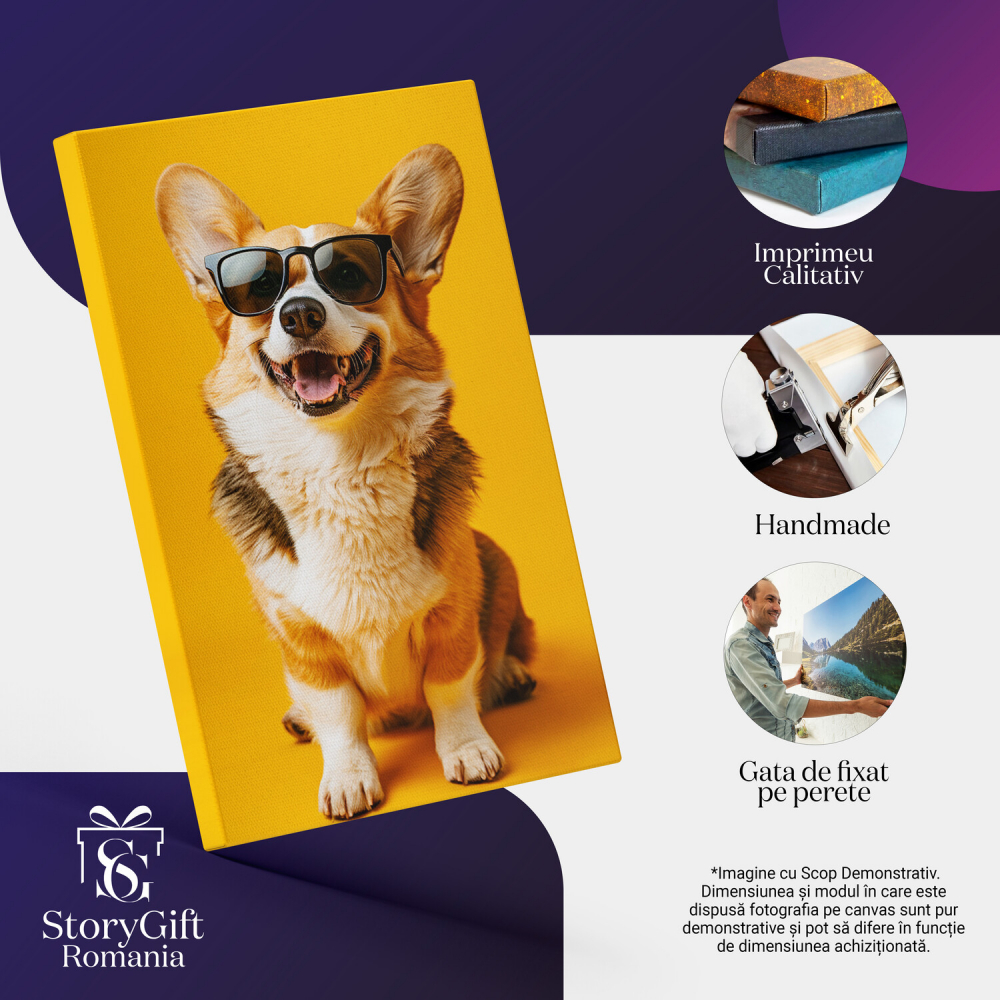 Tablou Canvas Welsh Corgi Râzând pe Fundal Galben | Artă Digitală, Marime 40x25CM [2]