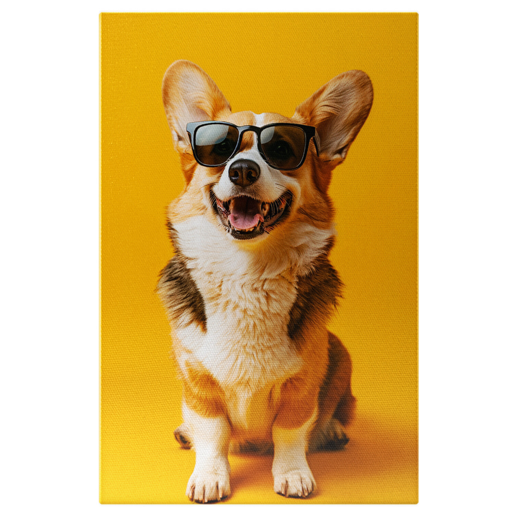 Tablou Canvas Welsh Corgi Râzând pe Fundal Galben | Artă Digitală, Marime 40x25CM [1]