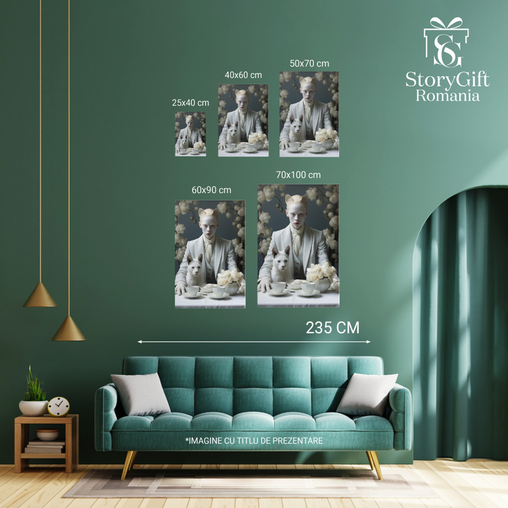 Tablou Canvas Femeie la Masă cu Cești și Pisică | Pictură Digitală Florală, Marime 40x25CM [3]