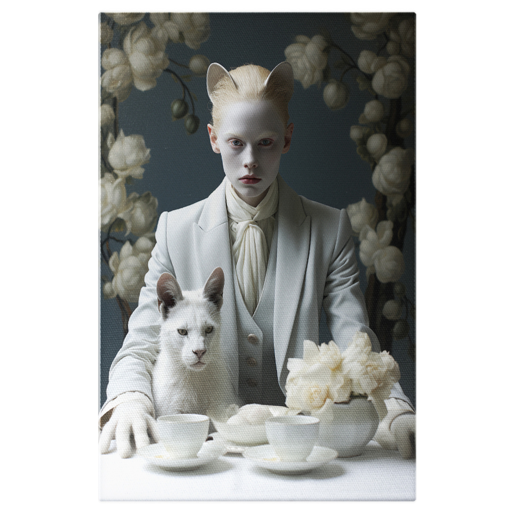 Tablou Canvas Femeie la Masă cu Cești și Pisică | Pictură Digitală Florală, Marime 40x25CM [1]