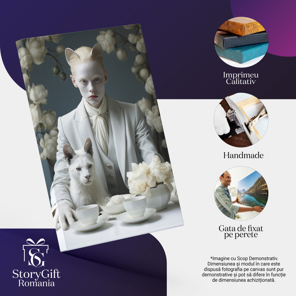 Tablou Canvas Femeie la Masă cu Cești și Pisică | Pictură Digitală Florală, Marime 40x25CM [2]