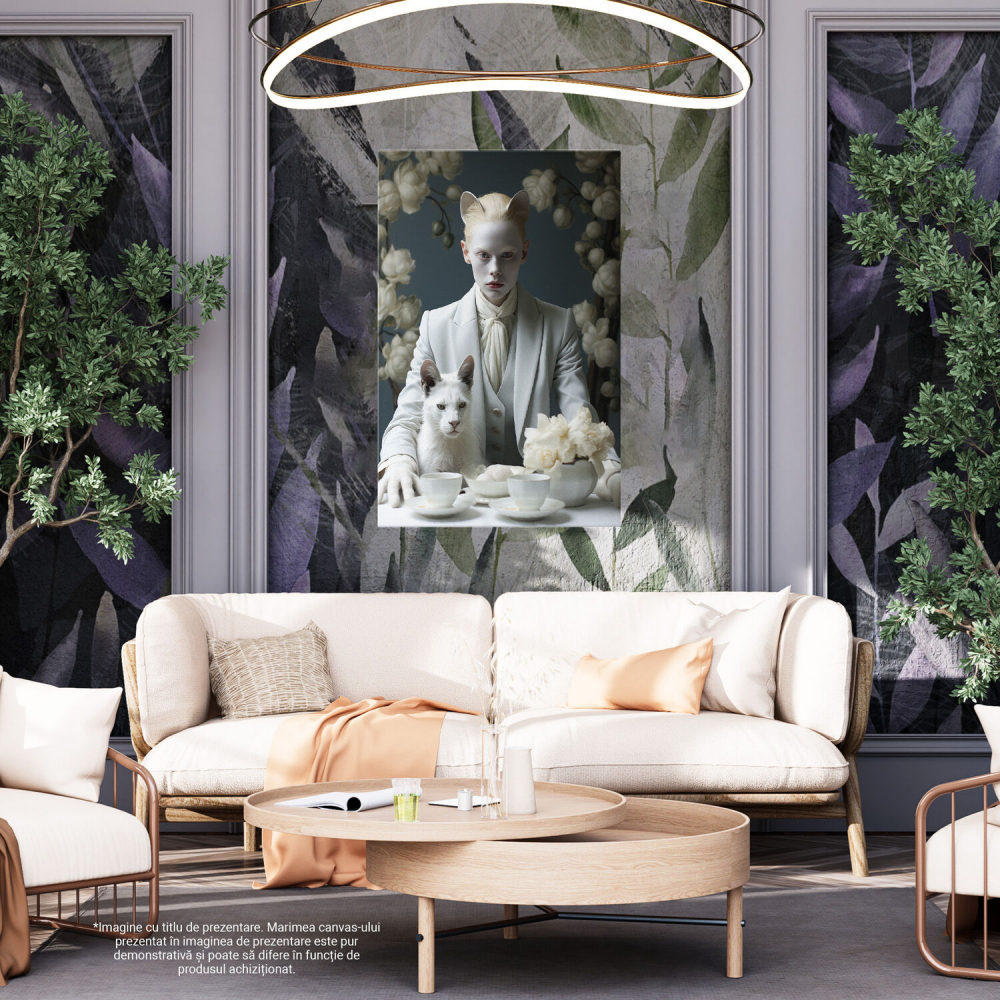 Tablou Canvas Femeie la Masă cu Cești și Pisică | Pictură Digitală Florală, Marime 40x25CM [4]