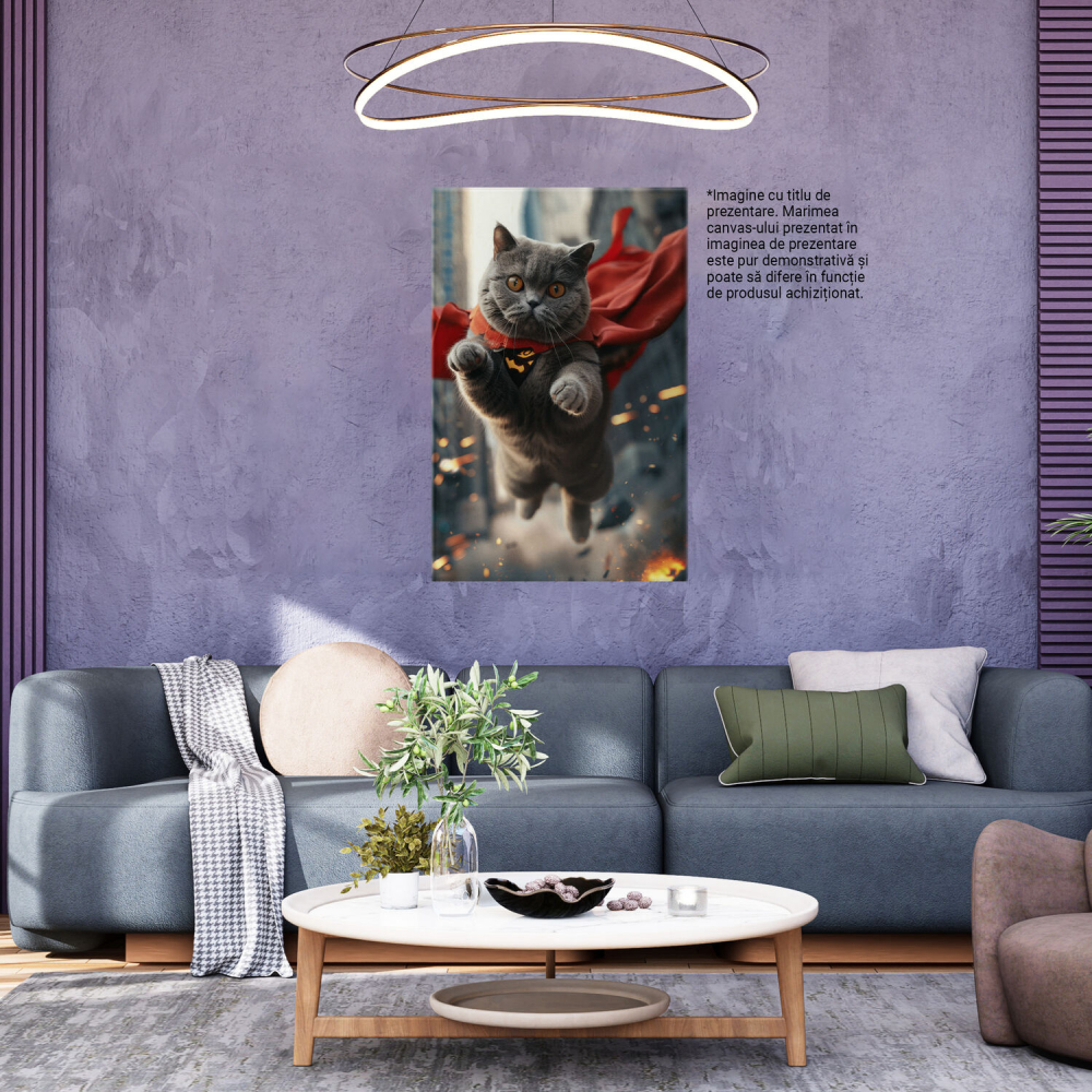 Tablou Canvas Pisica British Shorthair Zburând în Costumul lui Superman, Marime 40x25CM [3]