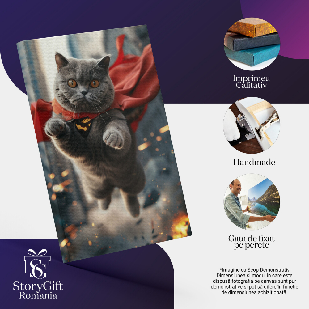 Tablou Canvas Pisica British Shorthair Zburând în Costumul lui Superman, Marime 40x25CM [2]