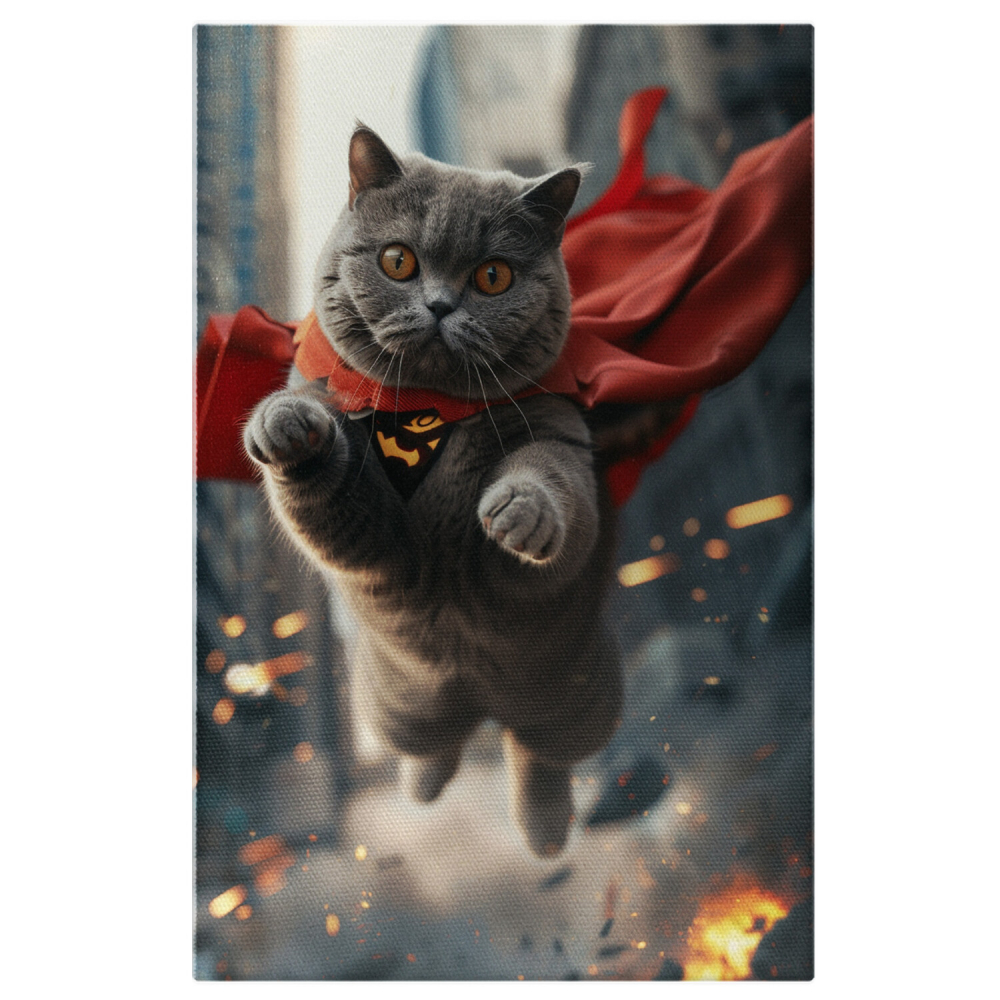 Tablou Canvas Pisica British Shorthair Zburând în Costumul lui Superman, Marime 40x25CM [1]