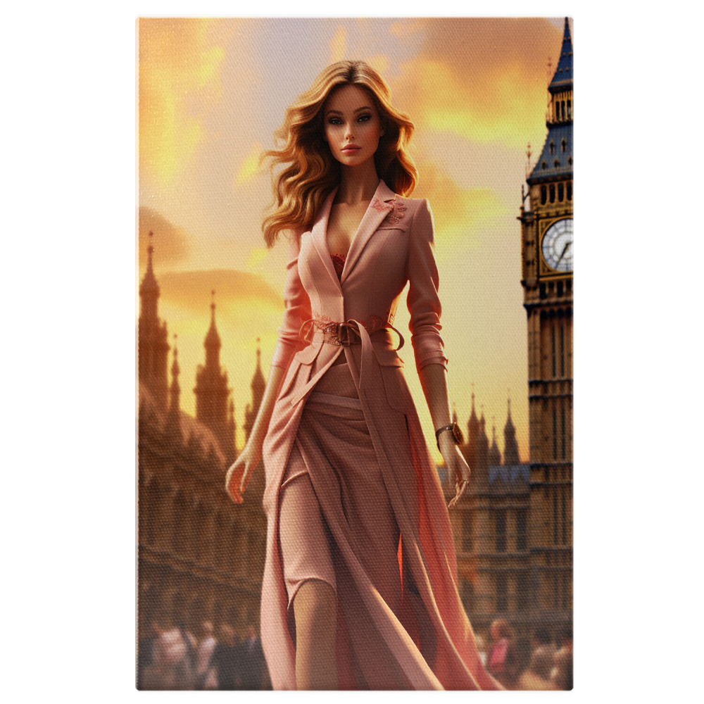Tablou Canvas - Power Woman - Femeie cu Părul Blond în Rochie și Sacou Lung Roz în Londra, Marime 40x25CM [1]