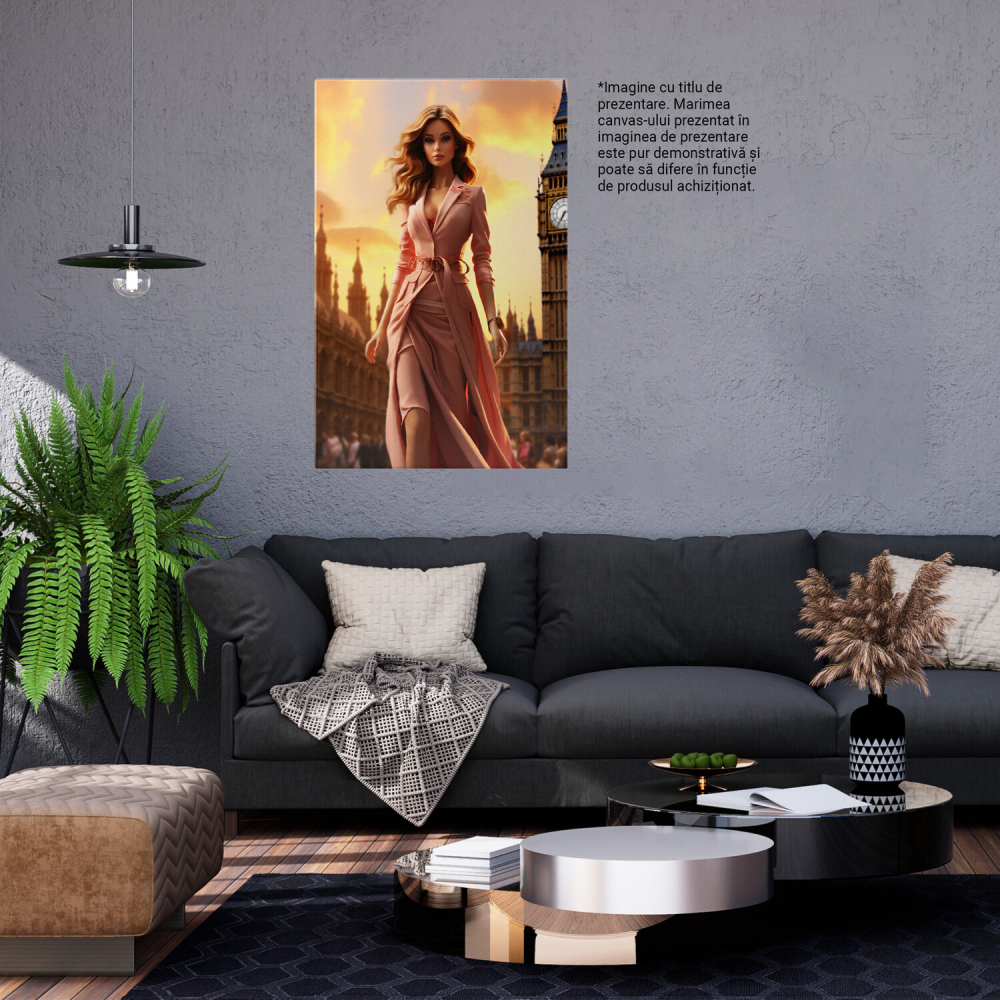 Tablou Canvas - Power Woman - Femeie cu Părul Blond în Rochie și Sacou Lung Roz în Londra, Marime 40x25CM [3]