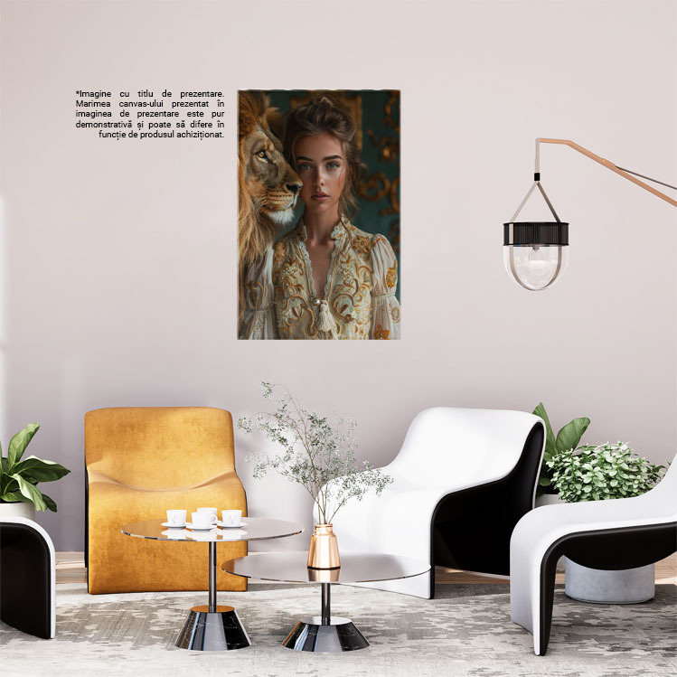 Tablou Canvas  Prietena Leului Rege din Jungla, in Rochie Alba cu Ochii Albastri si Parul Prins in Coc langa Leu , Pictura Digitala 40x25CM [2]