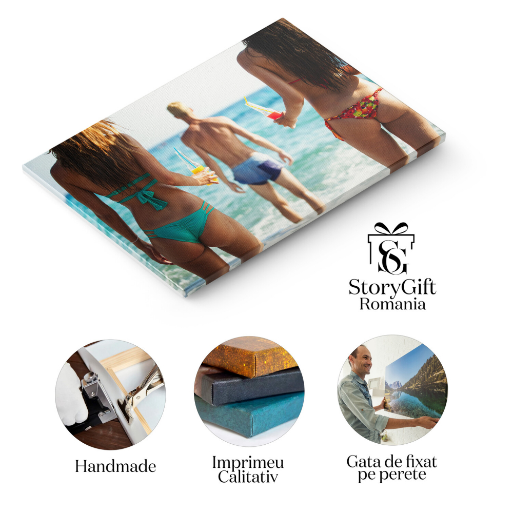 vacanțe la mare, prietenie, distracție pe plajă, energie pozitivă, timp petrecut împreună, zâmbete, amintiri de neuitat, atmosfera de vară, escapade, aventuri de vară, momente fericite, relaxare la soare, artă de vară, decor de vacanță, prieteni care se distrează, Marime 40x25CM [2]