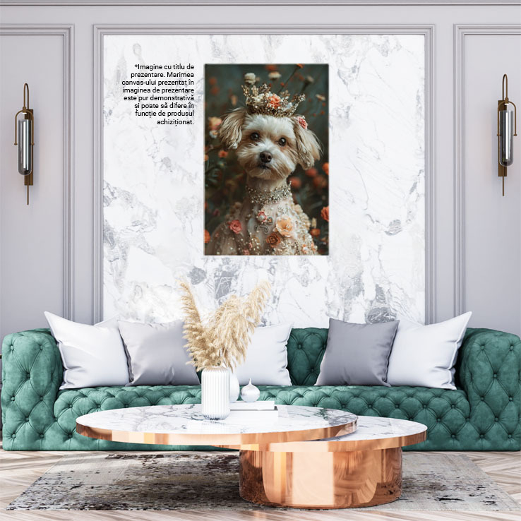 Tablou Canvas:  Prințesa câinilor Bichon cu o coroniță pe cap- Eleganță cu floricele Pictura Digitala 40x25CM [2]