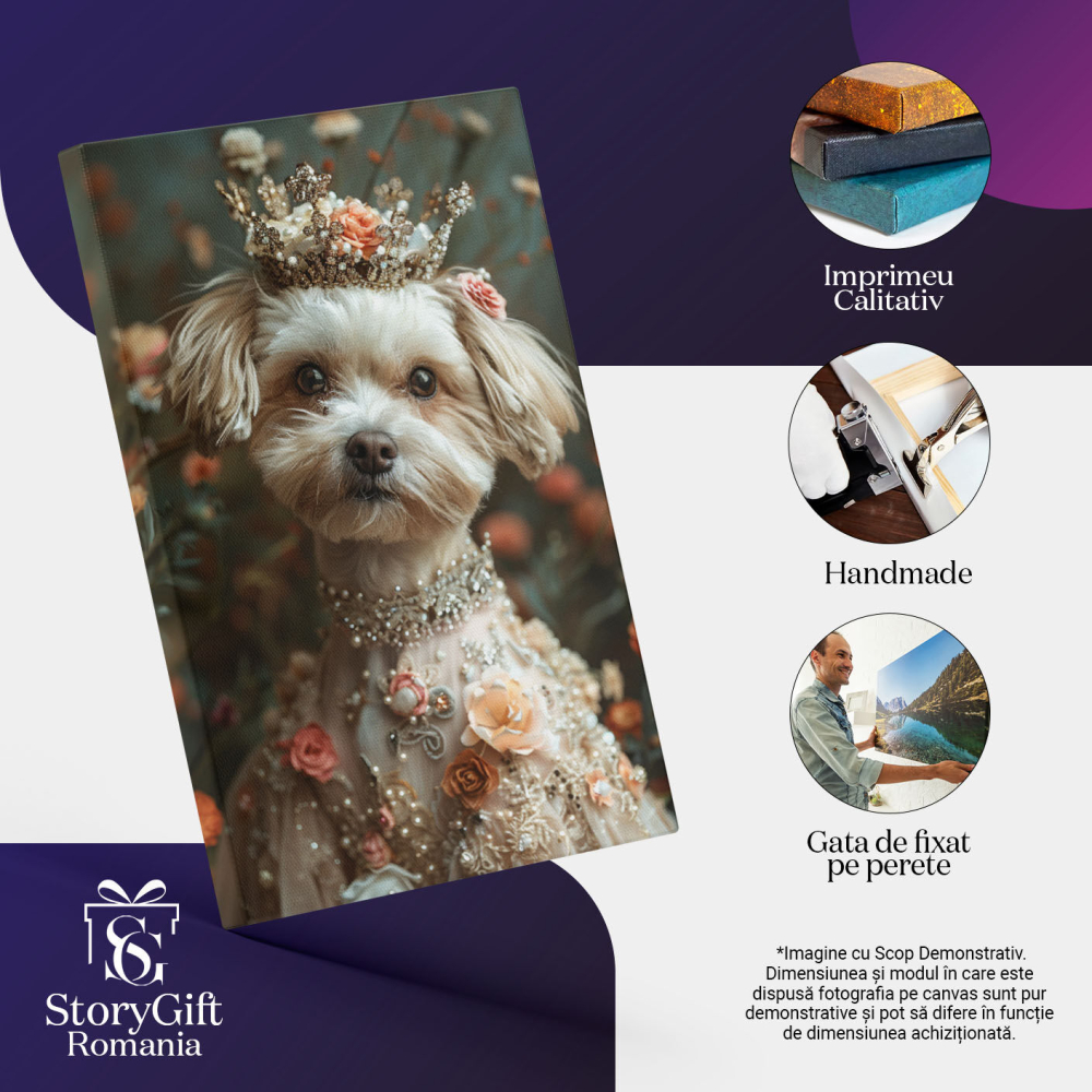 Tablou Canvas:  Prințesa câinilor Bichon cu o coroniță pe cap- Eleganță cu floricele Pictura Digitala 40x25CM [3]