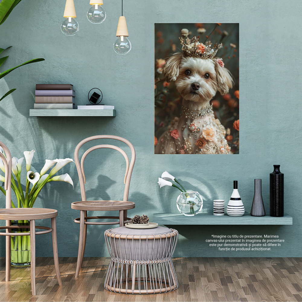Tablou Canvas: Prințesa Câinilor Bichon cu Coroniță - Eleganță Florală în Pictură Digitală, Marime 40x25CM [3]