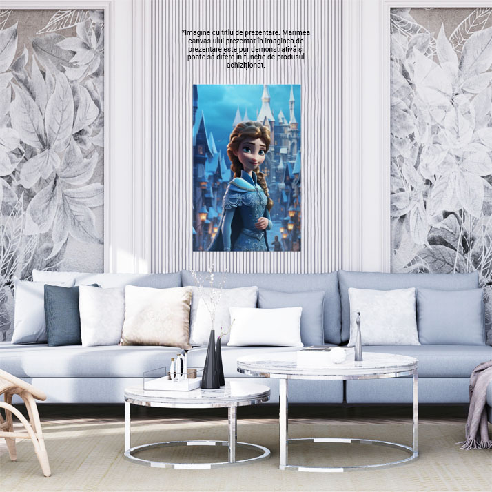Tablou Canvas:  Printesa din Frozen Disney pe Strada Inzapezita catre Castel cu Rochie si Manta Albastra  Pictura Digitala 40x25CM [2]