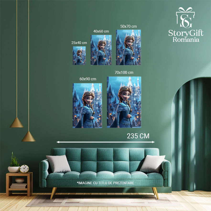 Tablou Canvas:  Printesa din Frozen Disney pe Strada Inzapezita catre Castel cu Rochie si Manta Albastra  Pictura Digitala 40x25CM [4]