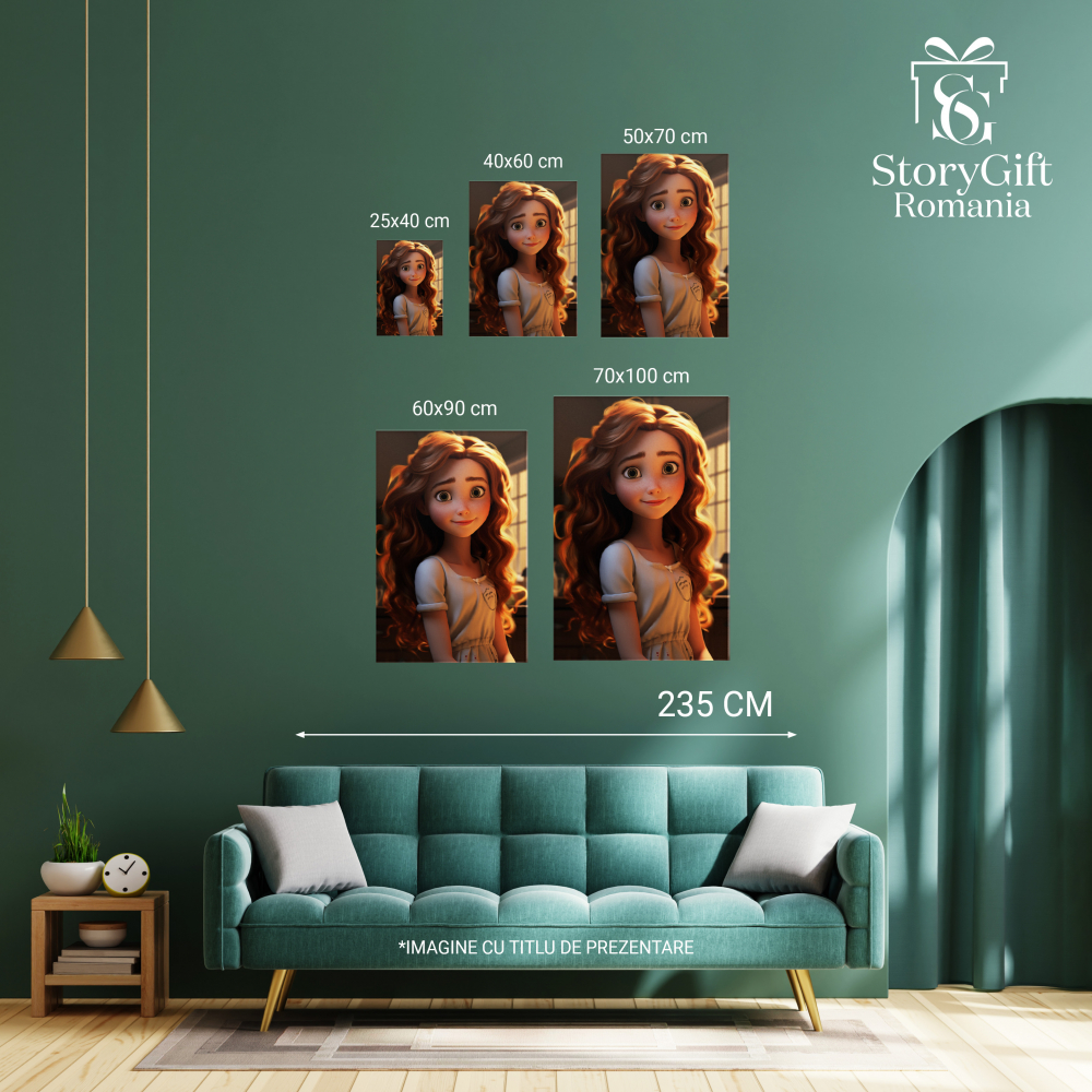 Tablou Canvas:  Printesa Disney cu Ochii Verzi si Chipul Bland cu Pistrui si Parul Roscat si Rochita Pictura Digitala 40x25CM [3]