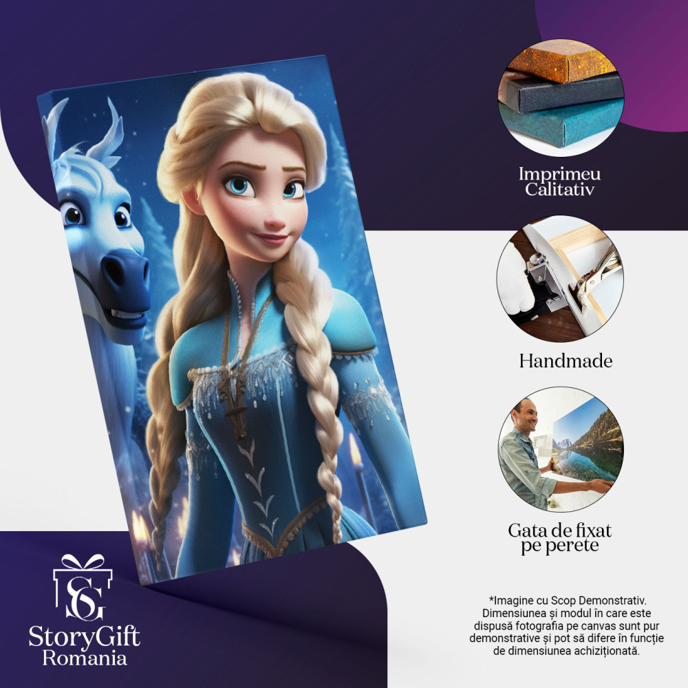 Tablou Canvas:  Printesa Disney cu Parul Doua Cozi Lungi Elsa Privita de Calul Alba, Regatul de Gheata Pictura Digitala 40x25CM [3]