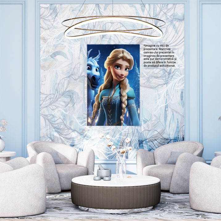 Tablou Canvas:  Printesa Disney cu Parul Doua Cozi Lungi Elsa Privita de Calul Alba, Regatul de Gheata Pictura Digitala 40x25CM [2]