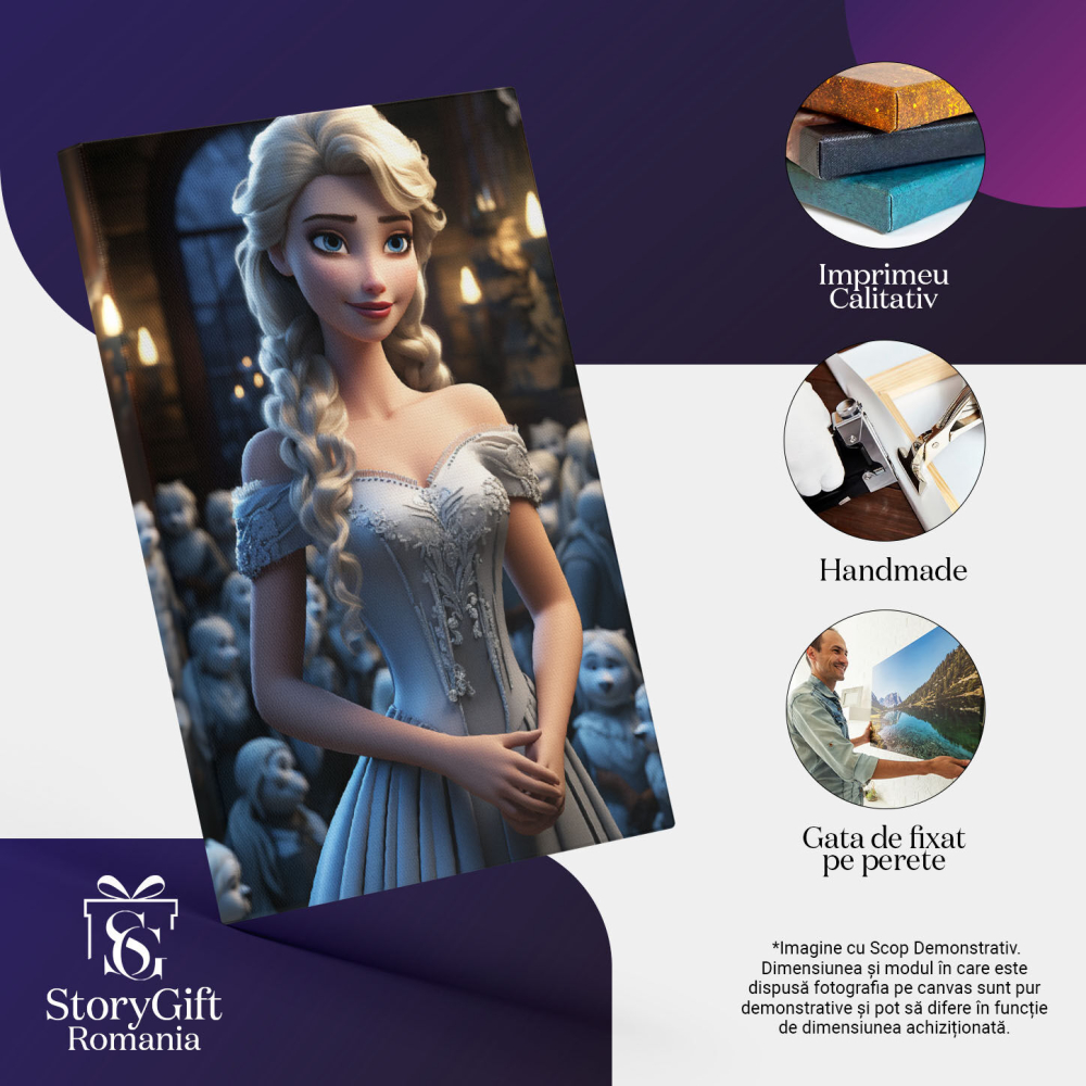 Tablou Canvas:  Printesa Elsa in palatul Regatului de gheata pregatita de bal in rochie albastra Pictura Digitala 40x25CM [3]