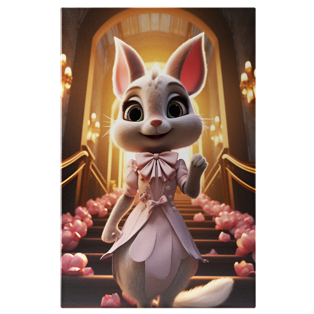 Prințesa Iepuraș în Rochie de Prințesă Roz Coboară pe Scările Decorate cu Flori - Pictură Digitală, Marime 40x25CM [1]