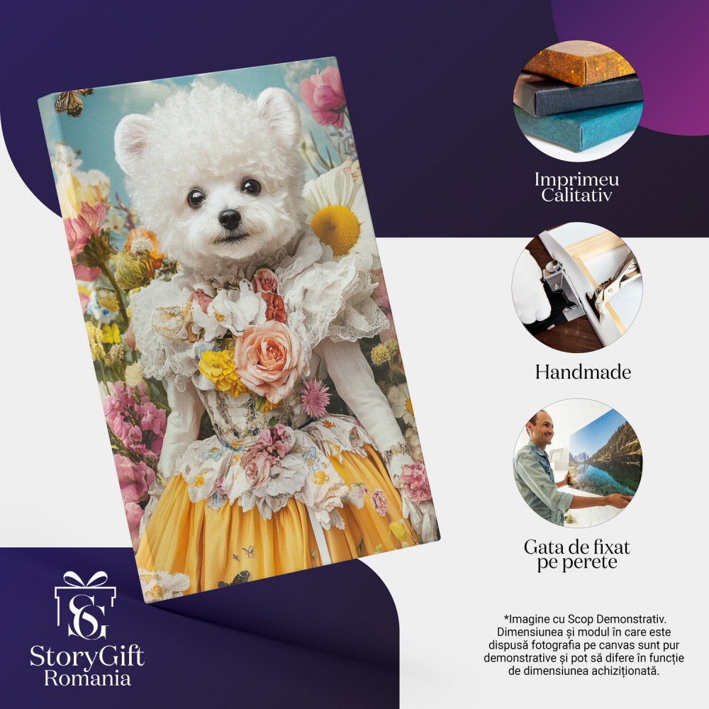 Tablou Canvas Personalizat - Animal în Costum de Prințesă cu Rochie Albă în Lan de Flori
Marime 70x50CM [4]