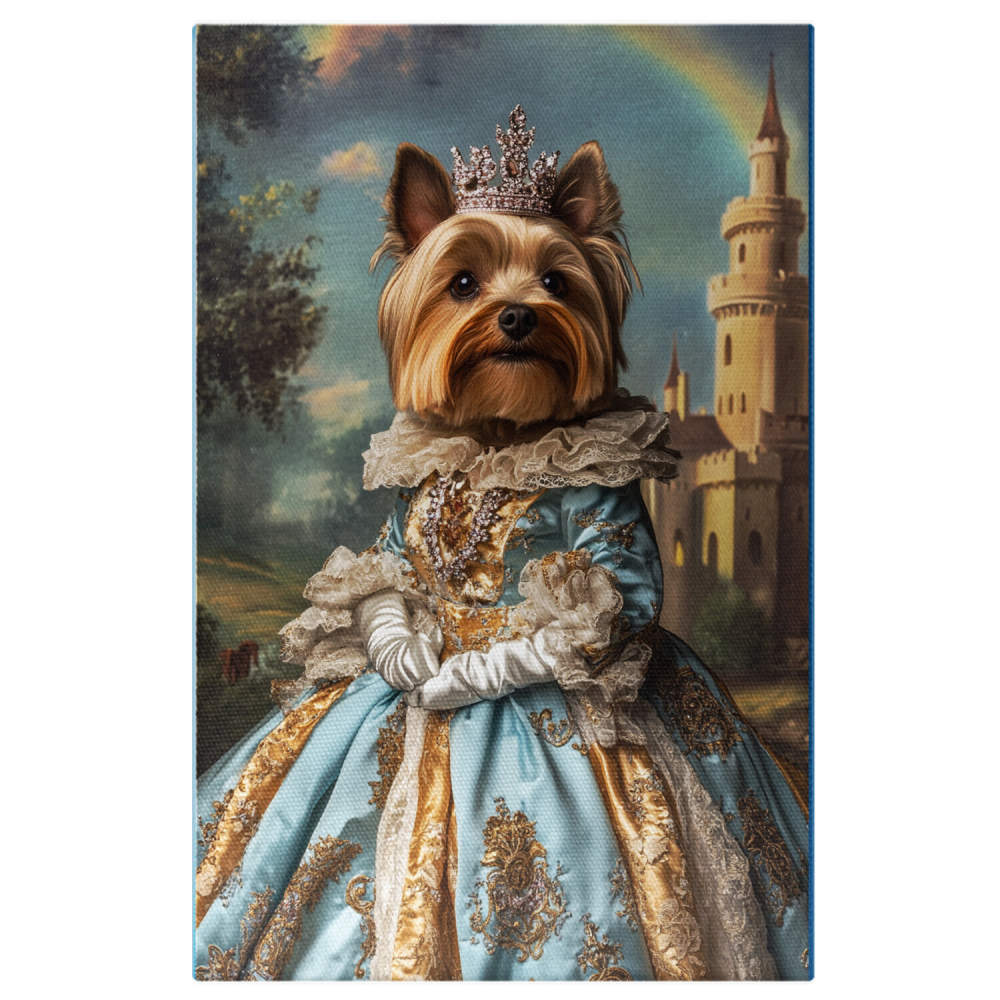  Tablou Canvas Personalizat Prințesă Regală Cu Rochie Albastră În Fața Castelului CurcubeuMarime 140x90CM [1]