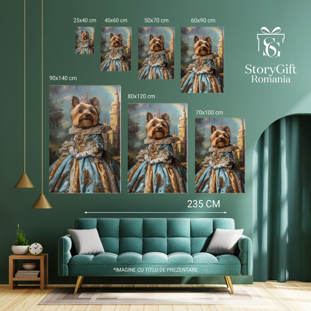  Tablou Canvas Personalizat Prințesă Regală Cu Rochie Albastră În Fața Castelului CurcubeuMarime 140x90CM [6]