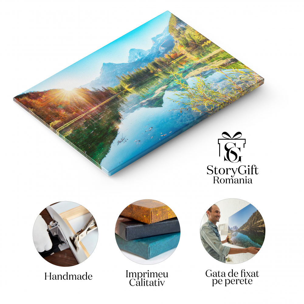 Tablou Canvas Priveliste de Toamna Uimitor la Lacul Schiederweiher, Alpii natura, toamna, lac, Alpi, peisaj. 40x25CM [2]