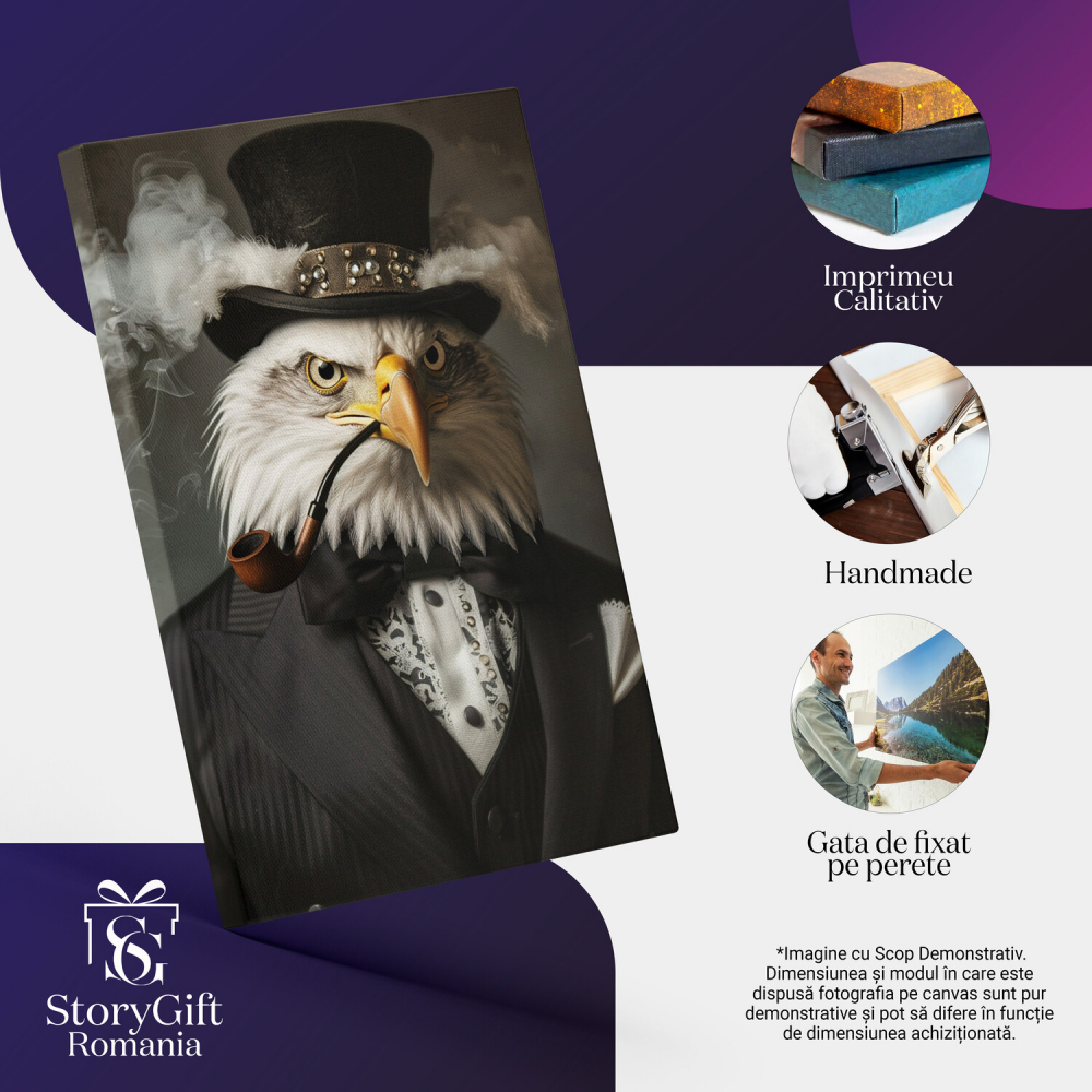 Tablou Canvas Privirea Intensă a Vulturului Plesuv Îmbrăcat în Costum - Fumând din Pipă, Marime 40x25CM [2]