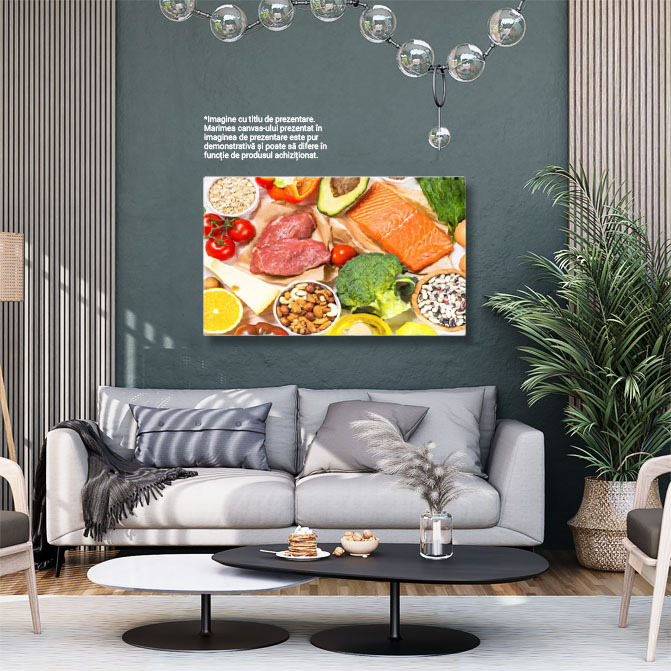 Tablou Canvas Produse alimentare Sanatoase pe Fundal alb  O Varitate Echilibrata si Nutritiva de Legume, Fructe si Carne pentru o Dieta Sanatoasa 40x25CM [3]